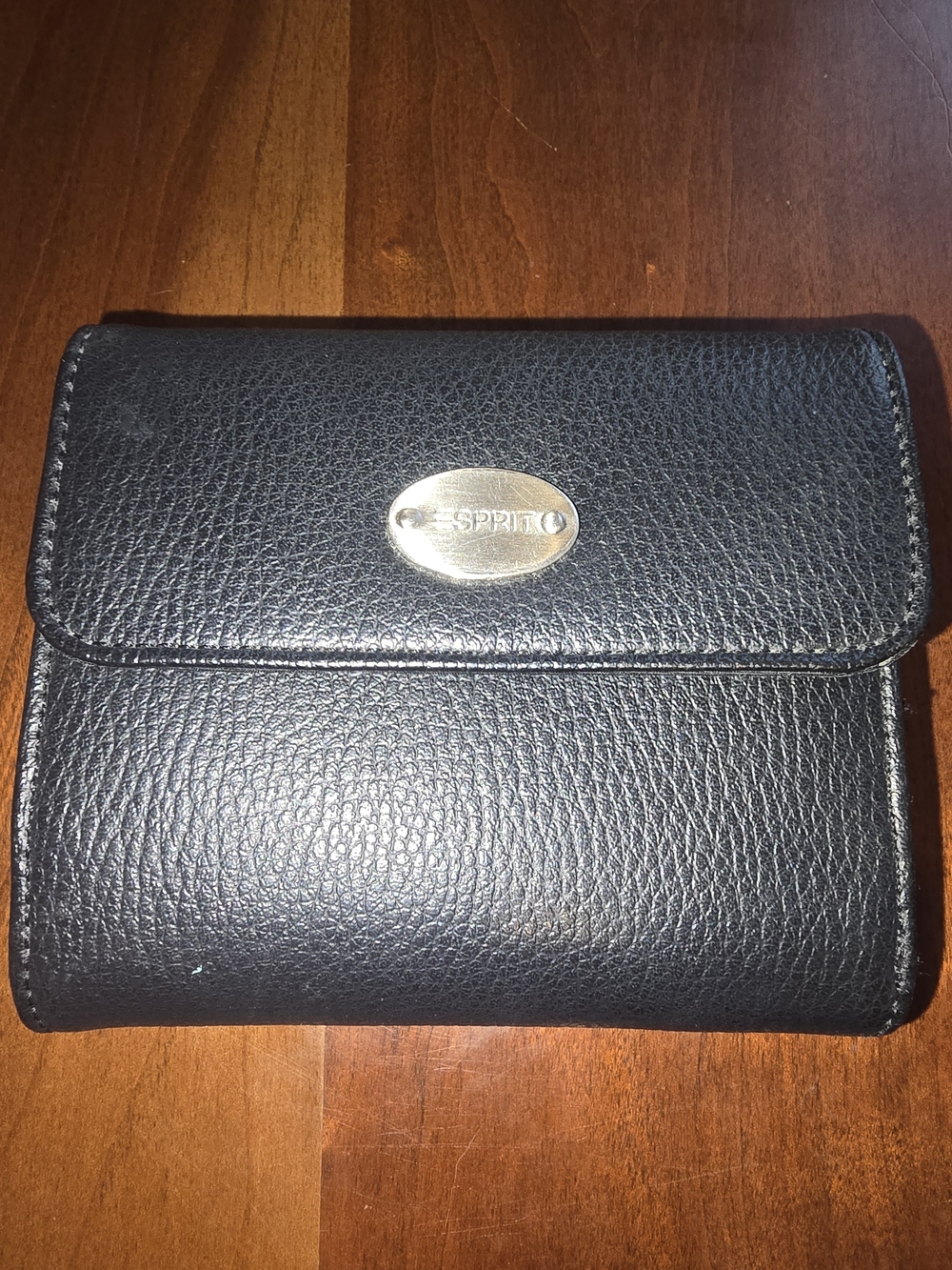 Esprit Black Textured Leather Fold Wallet with Silver Oval Logo, EUC
